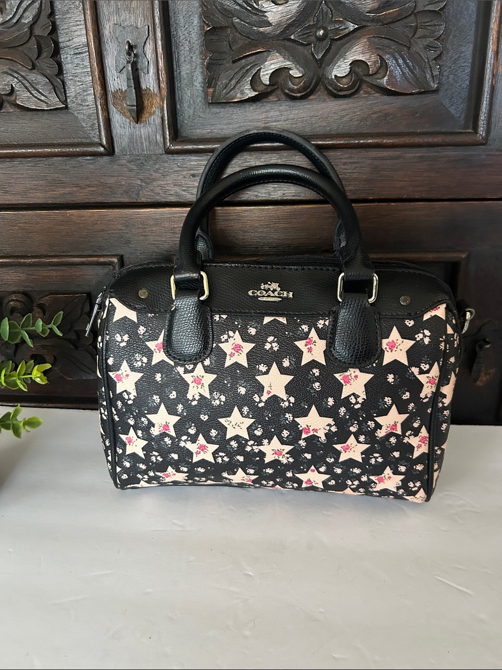 Coach Black Star-Print Mini Satchel with Pink Accents